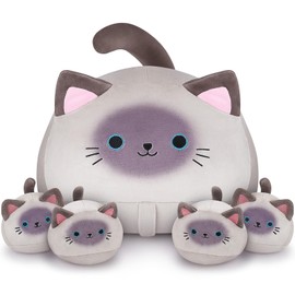 5 PCS Siamese Cat Plush Stuffed Animal Family-19" Soft Siamese Cat Plush, Large Mommy Plushies with 4 Baby Kittens Plushies for Kids, Kawaii Plush Toy Christmas Birthday Gifts for Kids Boys Girls