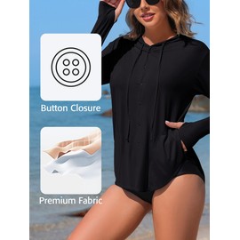 ATTRACO Rash Guard Uv Sun Protection Button Down Shirts Swimsuit Top UPF 50+ Cover Up SPF Hoodie Jacket Black Large