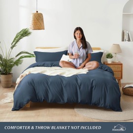 ALAZURIA King Size Duvet Cover - 3 Piece Bedding Set (1 Duvet Cover & 2 Pillow Shams) Soft Double Brushed Comforter Cover w/Zipper Closure & Corner Ties - No Comforter (104" X 90", Dusty Navy Blue)
