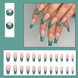 YoYoee Long Coffin False Nails Green Press on Nails French Fake Nails Acrylic Ballerina Nails Tips for Women and Girls 24PCS