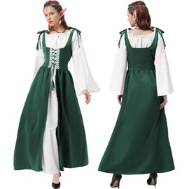 Joellfuner Medieval Women's Dress, Renaissance Corset Dress with Trumpet Sleeves, Medieval Costumes Women with Elf Ears, Flower Wreath, Chain, Headpiece for Carnival