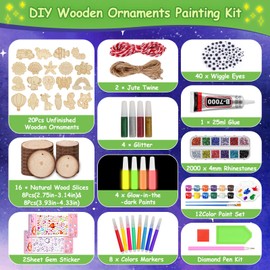 ROADPLUM Natural Wooden Slices Painting Craft Kit, 16PCS Unfinished Wood Slices & 20Pcs Unfinished Wooden Ornaments, DIY Glow in The Dark Christmas Ornaments Craft for Decorations