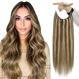 Fshine Wire Hair Extensions Human Hair Secret Fishing Line Hair Extensions Medium Brown Highlight Honey Blonde Mixed Medium Brown Wire Extensions Human Hair Extensions with Removable Clips 14inch 70g