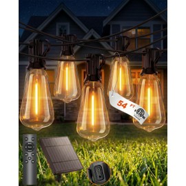 Pesken Solar String Lights Outdoor Waterproof, 54FT Patio Lights Solar Powered with Remote & USB, 10 Brightness Levels & Timer, 3 Light Modes, 15+1 ST38 LED Shatterproof Bulbs for Backyard, Camping