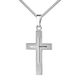 JEVELION Cross Pendant Cross Partially Matted with Chain for Women, Men and Children as Chain Pendant 585 Gold, 333 Gold or 925 Silver to Choose From with Curb Chain and Jewellery Case, Silver with