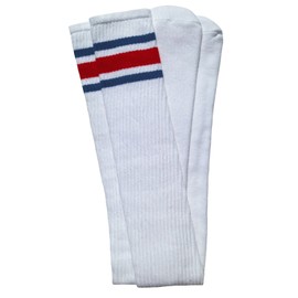 SKATERSOCKS 35" Thigh high White tube socks with Royal Blue-Red stripes style 3
