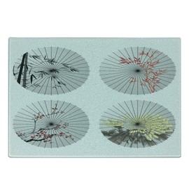 Lunarable Japanese Cutting Board, Oriental Umbrella Shapes with Cherry Blossom Patterns Parasol Eastern Folkloric Art, Decorative Tempered Glass Cutting and Serving Board, Small Size, White
