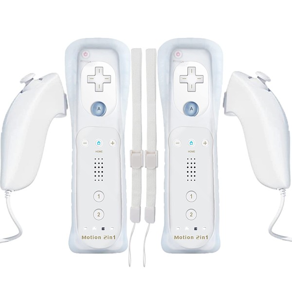 Bonacell 2er Set Controller für Wii Wireless wii Fernbedienung mit Nunchuck Wii Remote Gamepad mit Motion Plus und weiß Silikongehäuse Armband Vernbedinung Ersatz Controller für Wii/U