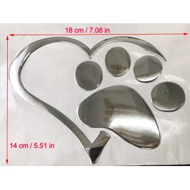 NewL 3D Chrome Cute Dog Paw Footprint Peach Heart Sticker Decal Auto Car Emblem Decal Decoration (Silver)