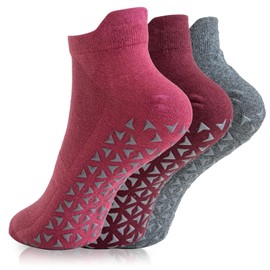 Yoga Socks for Women & Men, 3 Pairs Non Slip Pilates Socks Grip Socks, Slipper Socks for Barre, Fitness, Dance, Ballet, Hospital, Home, Size 4-9 (Dark Red/Rose Red/Dark Grey)