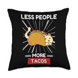 Cat Less People More Tacos Kawaii Aesthetic Cute Kawaii Cat Less People More Tacos Throw Pillow, 18x18, Multicolor