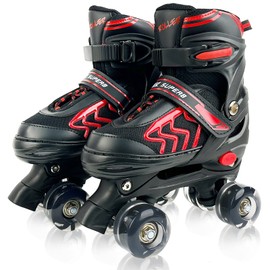 HXWY Kids Roller Skates for Boys Girls Child, Adjustable 4 Sizes Roller Skates for Kids and Youth with Light Up Wheels, Quad Black & Red Roller Skates for Sports (Big Kid 1Y-4Y)