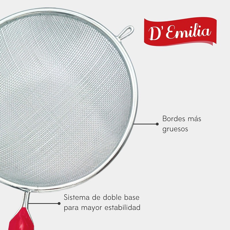 D'Emilia - Stainless Steel Kitchen Strainer with Red Ergonomic Handle,