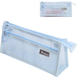 Risipu Clear Pencil Case for Exams Transparent Mesh Pencil Case Double-Layer Pencil Bag Durable Metal Zipper Triangular Design Pen Case for School Office Travel (Baby Blue)