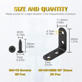 Mardatt 20 Sets 40x40mm Stainless Steel Black L Brackets Corner Braces Right Angle Brackets Heavy Duty with Mounting Screws for Wood Shelf Chair Cabinet Furniture Brackets