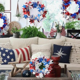 mdgfge 4th of July Patriotic Tinsel Stars Wire Garlands Decoration Metallic Glitter Tinsel Red White Blue Wreath with Stars for Independence Day Memorial Day Party Home Front Door Décor (2 Pcs)