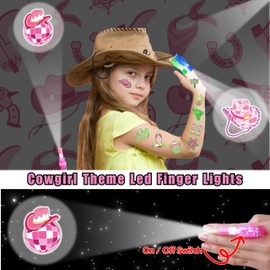 72 PCS Cowgirl Party Favors – 48 PCS Tattoos & 24 PCS LED Finger Lights Combo – Birthday Goodie Bag Fillers, Party Supplies, Gifts Light Up Toys Glow In The Dark for Boys and Girls