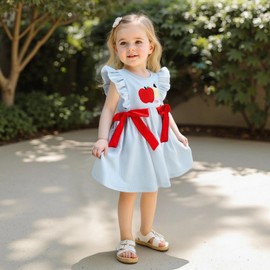 Kids Toddler Girls Back to School Dress First Day of School Apple Embroidery Dress Preschool Kindergarten Outfit (Blue Bowknots, 5-6 Years)