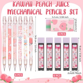 Wiz&Quirkz 82 Pcs Peach Mechanical Pencil Set Include 18 Mechanical Pencils 6 Cute Peach Erasers 8 Pencil Refills 50 stickers First Day of School Back to School Gift for Kids Student pencils （0.5mm）