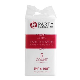 Party Bargains 5 Disposable Table Covers - 54" X 108", 3 Ply Premium Paper & Plastic White Table Cover