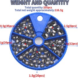 Proximitck Fishing Weights Sinkers 200PCS/105PCS Round Split Shot Sinker Set - 5 Sizes Lead Weights Removable for Versatile Fishing Purposes