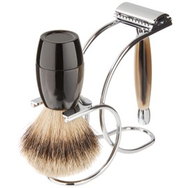 Merkur Merkur Razor Set 3-pieces (Razor 27 001, Brush, Stand), Bright Chrome, Cow Horn, 1 ct.
