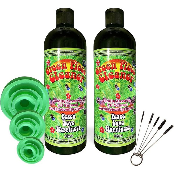 Green Piece Glass Cleaner - 2 of the 16 oz bottles with a Set of 3 Silicone Plugs and a 5 Piece Mini Metal Nylon Brush