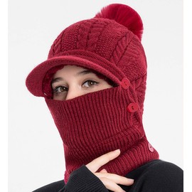 Women Balaclava Visor One-Piece Skull Beanie Hat Neck Circle Scarf Ski Snow Winter Knit Fleece Cap Cold Weather