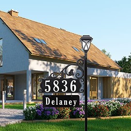 Address America Boardwalk Customized Double-Sided Reflective Home Address Sign for Yard with Name Rider Plaque and Solar Decorative Light for 911 Number Visibility - 47" Post - SL