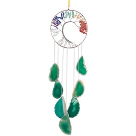 KYEYGWO 7 Chakra Tree of Life Hanging Ornament with Green Agate Slices, Healing Crystal Hanging Handmade Gemstone Wind Chime Dream Catcher Hanging Decoration for Home Wedding Souvenir