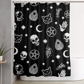 ANTOUZHE Durable Thick Shower Curtain Polyester Fabric Waterproof Machine Washable Bathroom Decoration Skull Cat Moon Gothic Pattern Black Shower Curtain 60x70 Inch with 12 Hooks