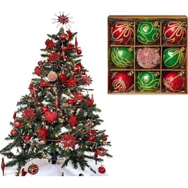 UKDD® Set of 9 Premium Baubles Luxury Christmas Tree Bauble Decorations Matte, Glitter, shiny Baubles (Red & Green)