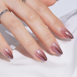 Press On Nails Short - Findigit False Nails with Glue, Almond Soft Gel Fake Nail in 16 Sizes, Natural Reusable Stick on Nails for Women - 32 Nail Kits Coffe Ombre Almond