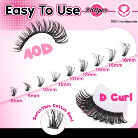 FANXITON FANXITON Lash Clusters 280 Pcs Wispy Lash Clusters D Curl 8-16 MM Mix Natural Eyelash Clusters 40D Individual Eyelash DIY Lash Extensions at Home(40D)