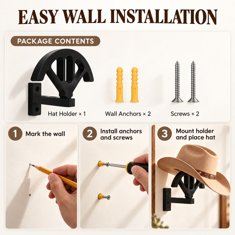 Wooden Cowboy Hat Rack – Adjustable Wall-Mounted Hat Holder for