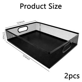yaenoei 2 Pack Desk Drawer Organizer Tray, Metal Mesh Storage with Handles for Office Supplies, Desktop File Organizer Basket for Stationery, Craft Materials, Magazines and Documents (Black)