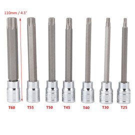 7-Piece Torx Star Bit Socket Set 7 Pieces 3/8inch Drive Extra Long Torx Star Bit Socket Set, Chrome-Vanadium Steel Material, Plastic Case for Storage and Transportation