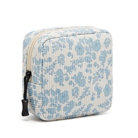 ZOEMTIU Small Makeup Bag for Purse,Mini Cosmetics Bag cute Zipper corduroy Cosmetic Pouch Storage Pouch Travel Toiletry Organizer for Women Girls(Plants Blue)