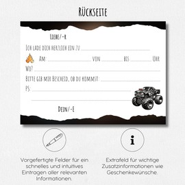 møij Monster Truck Invitation Cards + Matching Envelopes for Boys & Girls Children's Birthday - Made of Chrome Cardboard Pack of 12