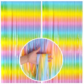 BOMSI Pastel Rainbow Foil Fringe Curtain Streamers Party Backdrop Foil Fringe Backdrop Curtains Tinsel Streamers for Birthday Party Decorations