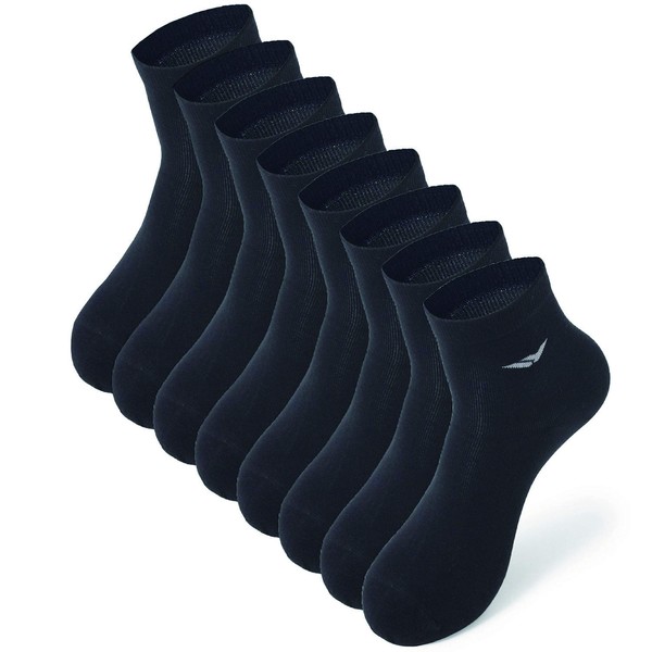 YUWA Natural Luxury Cotton Men's Socks, Set of 8, Durable, Tear Resistant, Non-Slip, Deodorizing, Sweat Absorbent, Stylish, Casual, Sports, Formal, Suitable for Various Occasions, Short Ankle Socks, 9.4 - 10.6 inches (24 - 27 cm), Black