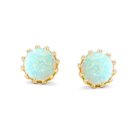White Created Opal Crown Setting Solitaire Stud Earrings 14K Gold Plated 925 Sterling Silver 6mm October Birthstone