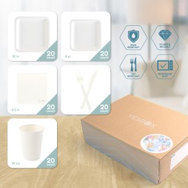 YesBox 140Pcs EcoSage Party Supplies Set - 20-Person Eco-Friendly Tableware with 305 GSM Square Plates, Compostable Cutlery, 260GSM Cups and Napkins
