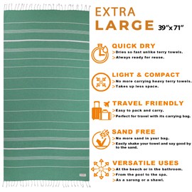 Evelynen Turkish Beach Towels Oversized 39x71 – Sand Free – Quick Dry – Pool – Camping Towel – Benetton Green