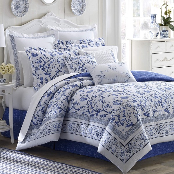 Laura Ashley - Full Comforter Set, Cotton Bedding with Matching Shams & Bed Skirt, Stylish Home Decor (Charlotte Blue, Full)