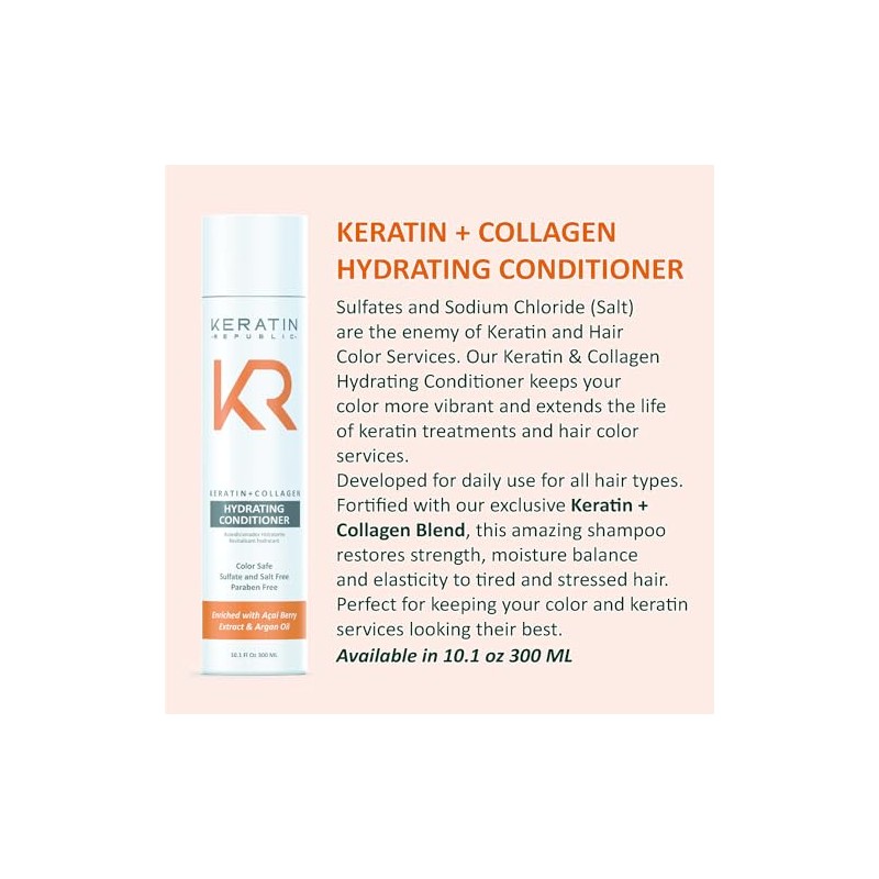 Keratin Republic Acondicionador Hidratante Con Queratina Y Colágeno, 10,1 Oz