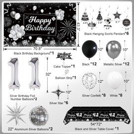 Miidenks 11th Birthday Decorations Set for Boy Girl,Black Silver Happy 11 Birthday Party Supplies with Birthday Backdrop Banner Birthday Tablecloth 11 Number Balloons for Her Him