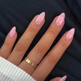 SXVME Uas postizas acrlicas gruesas, diseo almendrado corto, 30 unidades en rosa beb con un bonito diseo de lunares blancos, reutilizables, con pegamento de gel suave para bodas.