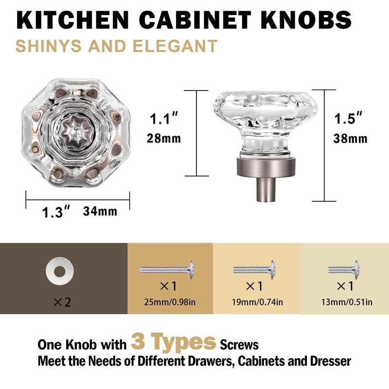 HIEMEY Crystal Drawer Pulls and Knobs 4 PCS,Brushed Nickel Glass