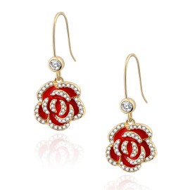 Enamel Rose Earrings-14K Gold Plated Drop Earrings for Women Fashion Cute Flower Earrings Long Dangling Floral Earrings Red Earrings for Women Trendy